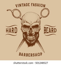 Skull with beard and scissors .Hand drawn style.Vector illustration