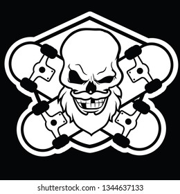SKULL WITH BEARD, skateboard, drawn by line