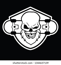 SKULL WITH BEARD, skateboard, drawn by line