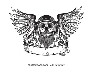 Skull with Beard SVG, Skull with Wings SVG, Biker, Bearded, Hand-Drawn Skull Illustration, Motorcycle Rider, Tattoo Style SVG, Motorcycle Club Design, Biker Artwork, Cool Skull svg