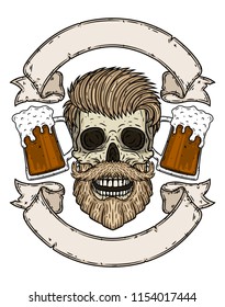 Skull with beard, two Beers and ribbon for your text. Illustration for beer restaurant. Brewer skull
