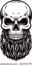 skull with bearded face black and white illustration