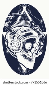 Skull of the bearded hipster in earphone listens to music tattoo and t-shirt design 