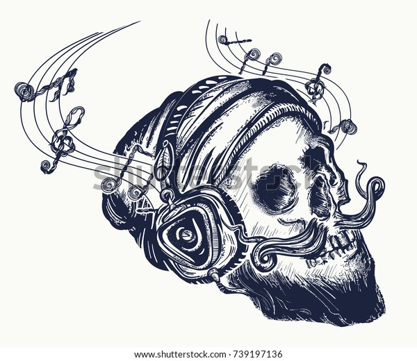 Skull Bearded Hipster Earphone Listens Music Stock Vector 