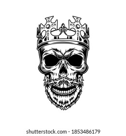 Skull of bearded monarch vector illustration. Head of skeleton in royal crown with gems and Christs. Monarchy or jewelry concept for emblems or tattoo templates