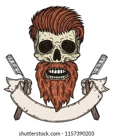 Skull. Bearded skull with razor blade and ribbon for your text. Illustration for barbershop