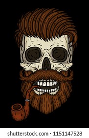 Skull. Bearded skull with smoking pipe
