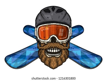 Skull. Bearded skull in sports helmet, ski goggles and crossed snowboard. Cartoon skull