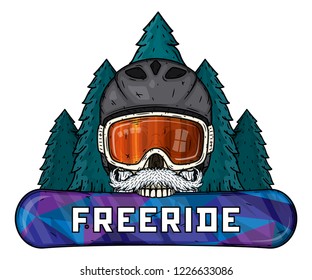 Skull. Bearded skull in sports helmet, ski goggles and snowboard. Cartoon skull