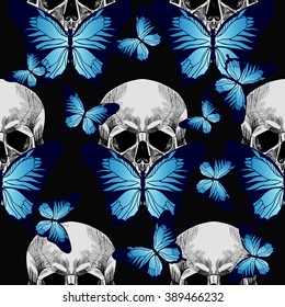 Skull and  beautifu blue butterfly on black background. Vector seamless pattern