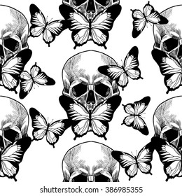 Skull and beautiful butterfly . Vector seamless pattern