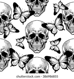 Skull and beautiful butterfly . Vector seamless pattern