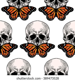 Skull and  beautiful orange butterfly. Vector seamless pattern