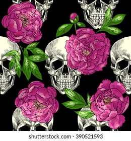 Skull and beautiful peonies on black background. Vector seamless pattern