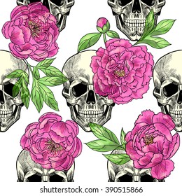 Skull and beautiful peonies . Vector seamless pattern
