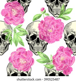 Skull and beautiful  pink peonies . Vector seamless pattern