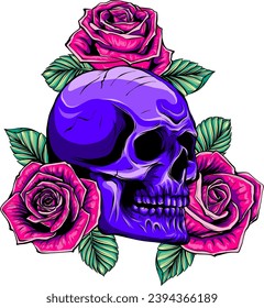 Skull with beautiful roses in vintage style isolated vector illustration