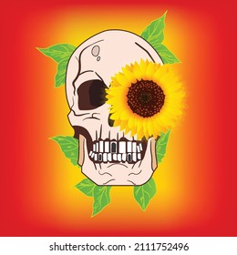Skull with Beautiful Sunflower and Retro Background