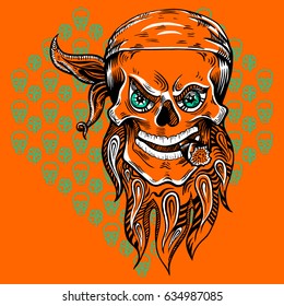 Skull with beaver and cigar drawing in a engraved style with heart-shaped background pattern