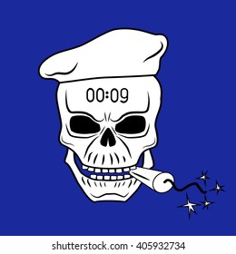 Skull in beret with dynamite in his mouth and a timer on the forehead