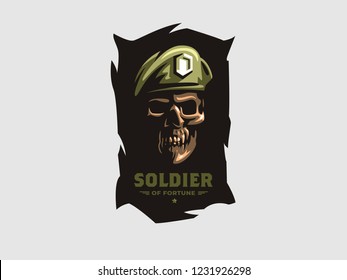 Skull in beret. Patriotic, military, biker badge. Vector illustration.