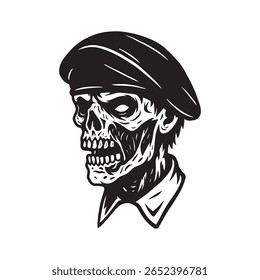Crânio com Boina, Ilustração da Cabeça do Esqueleto, Crânio em Chapéu Militar, Cabeça de Soldado Zumbi, Clipart do Crânio
