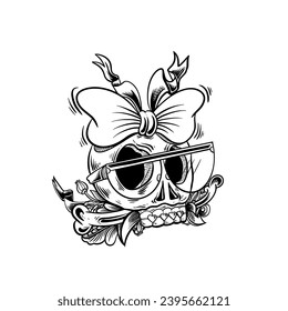 Skull with a big band wearing glasses and showing his teeth wearing love braces on a white background decorated with decorative flowers and leaves and bones. line vector