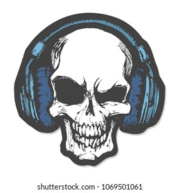 Skull in big headphones listening to the music vector sketch illustration isolated on white background design for tattoo, sticker and logo