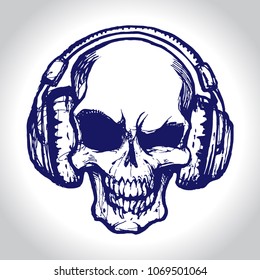 Skull in big headphones listening to the music vector sketch grunge illustration isolated on white background design for tattoo, sticker and logo