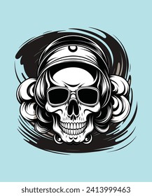 Skull with biker cap and smoking pipe. Vector illustration.