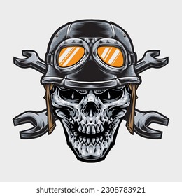 skull biker with crossing wrench logo