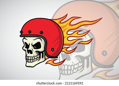 Skull Biker Flaming Burning Fire Helmet Logo Vector Illustration Design