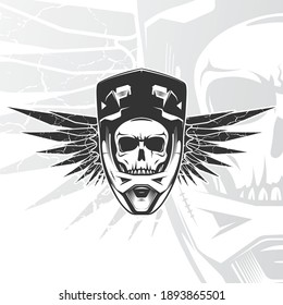 Skull biker with full face helmet. Moto sports emblem. MTB, BMX, Motocross, Downhill logo design. Vector illustration.