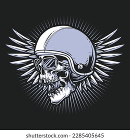 skull biker head logo wearing retro helmet with wings