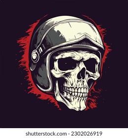 Skull biker head wearing classic helmet vintage retro logo badge vector illustration