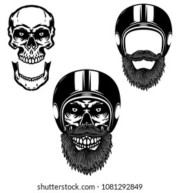 Skull in biker helmet. Design element for poster, card, t shirt, emblem, badge. Vector image