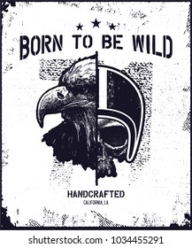 Skull biker in helmet with eagle head. Hand drawn. Vector illustration.