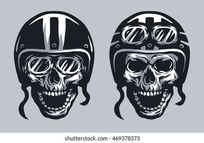 Skull Biker In Helmet And Glasses, Two Versions.