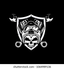 skull biker with helmet and motorcycle engine on shield