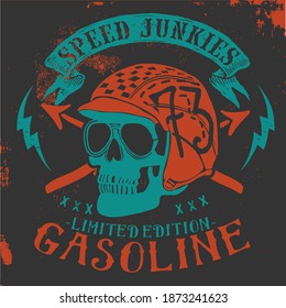 Skull biker in helmet. Vector illustration speed  junkies, gasoline motor, garage.