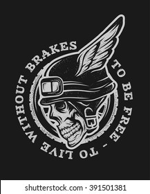 Skull biker helmet with wings. Emblem, symbol, t-shirt graphic. For dark background.