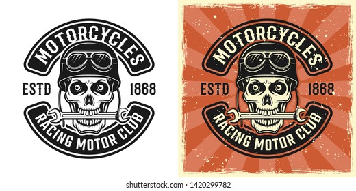 Skull of biker in helmet with wrench in teeth vector emblem, badge, label, logo or t-shirt print in two style monochrome and vintage colored