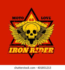 Skull biker. Iron Rider. Print for T-shirts and apparel. Rock design