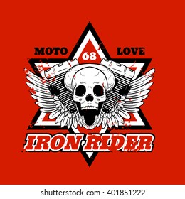 Skull biker. Iron Rider. Print for T-shirts and apparel. Rock design