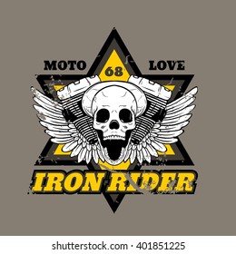 Skull biker. Iron Rider. Print for T-shirts and apparel. Rock design