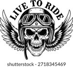 Skull biker live to ride vector illustration motorcycle helmet typography wings emblem isolated black on transparent design for rider club and speed lovers
