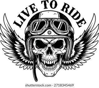 Cráneo biker en vivo para montar en Ilustración vectorial casco de motocicleta tipografía alas emblema aislado negro en diseño transparente para el club del jinete y los amantes de la velocidad