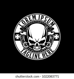 skull biker motorcycle black and white vector logo template