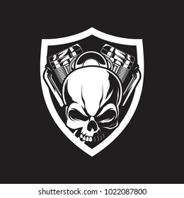 skull biker with motorcycle black and white vector logo template