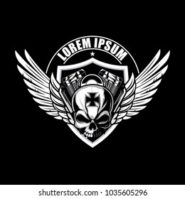 skull biker with motorcycle engine and wing vector logo template